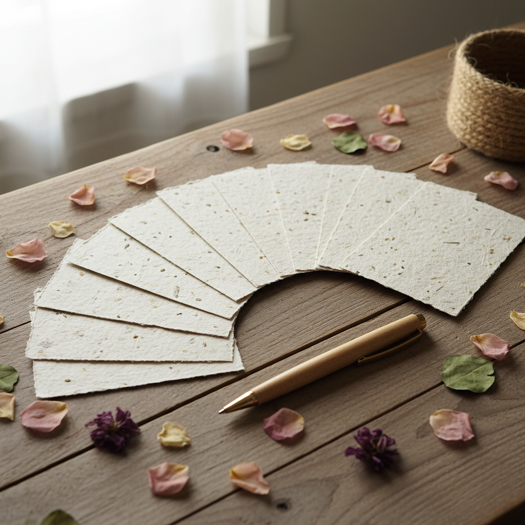 Ten seed-paper cards fanned out on a rustic table with dried petals