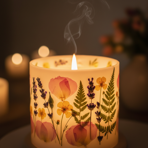 Finished botanical candle with pressed flowers on the wax, lit, close-up glow