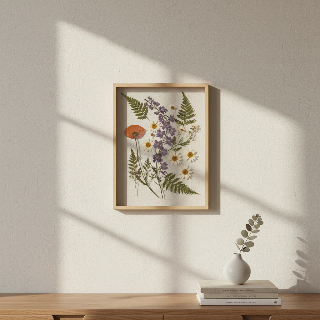 Finished pressed-flower frame hanging on a neutral wall