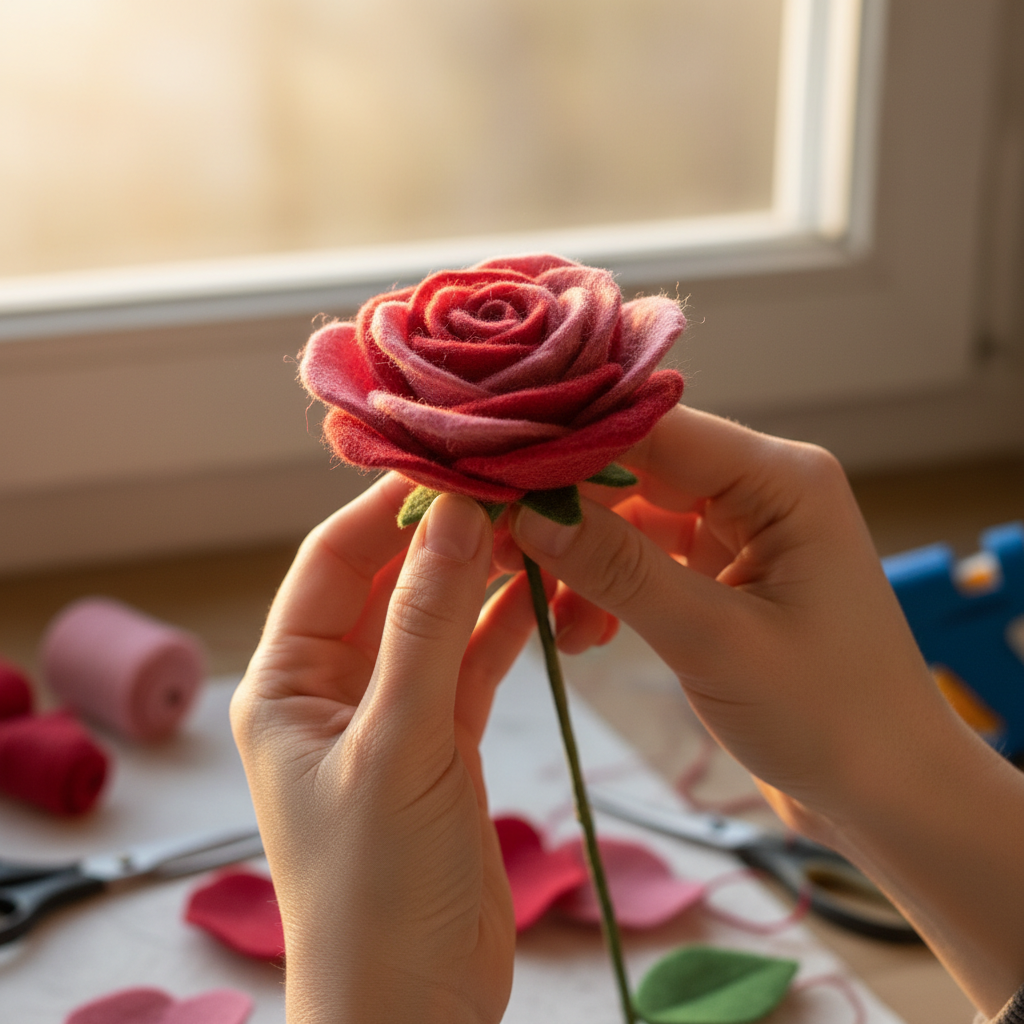 Hands shaping a felt rose petal by petal