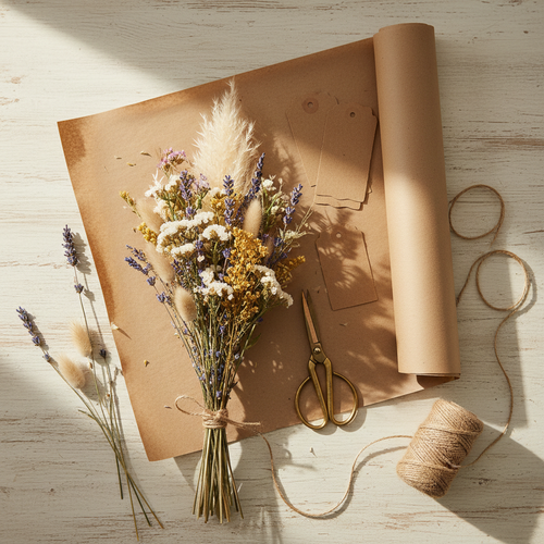 Overhead flat-lay of dried flower stems, kraft paper, and twine on a wooden table