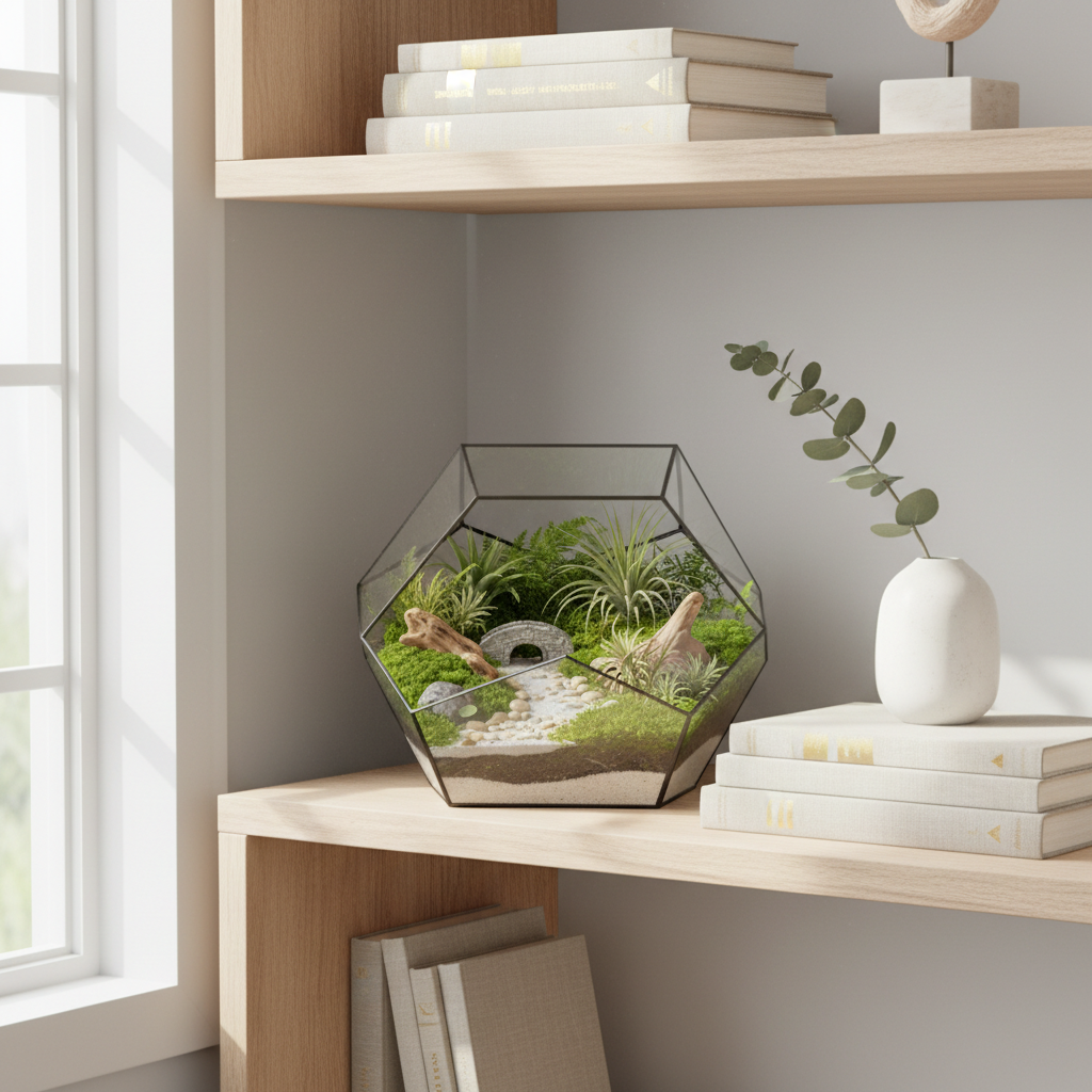 Finished terrarium styled on a bookshelf beside books and decor