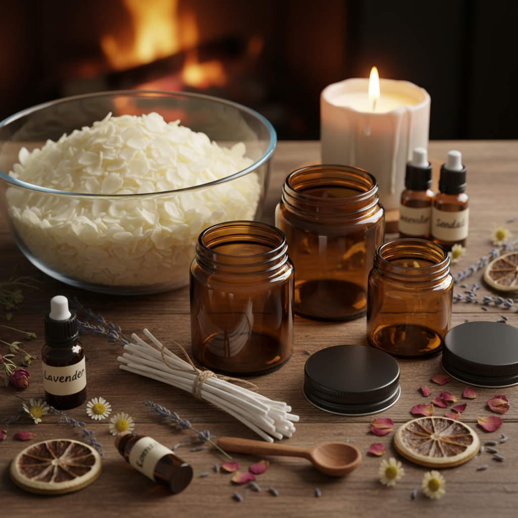 Candle-making kit with soy wax flakes, amber jars, dried flowers and wicks on a wooden table