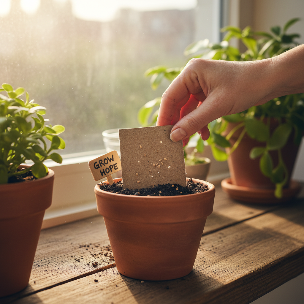 Hand planting a seed-paper card into soil in a small pot