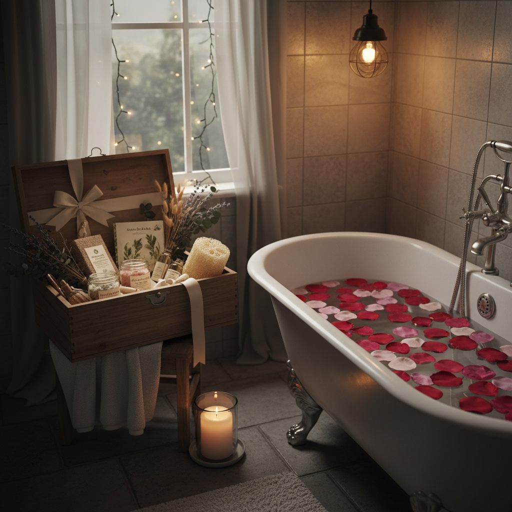 Gift box styled beside a bathtub with a lit candle and rose petals