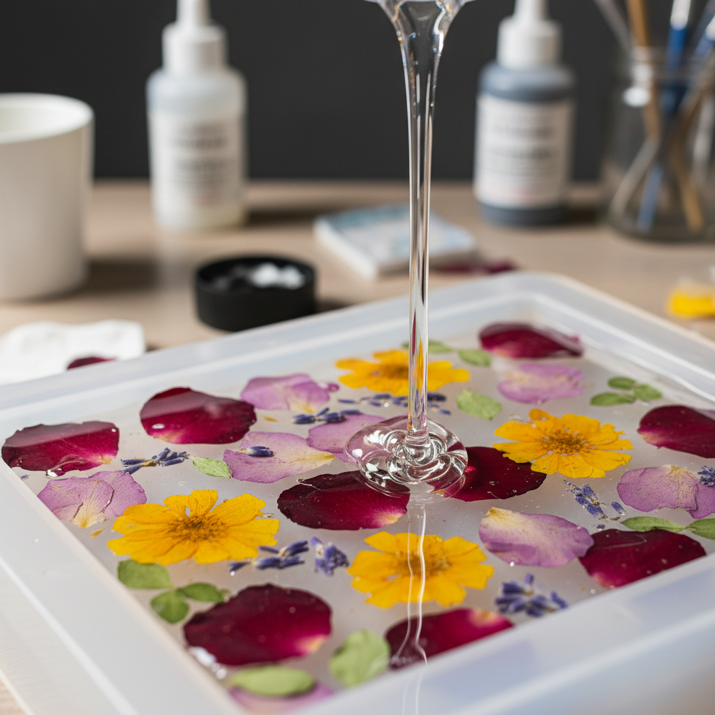 Pouring clear resin into a mold with dried petals arranged inside