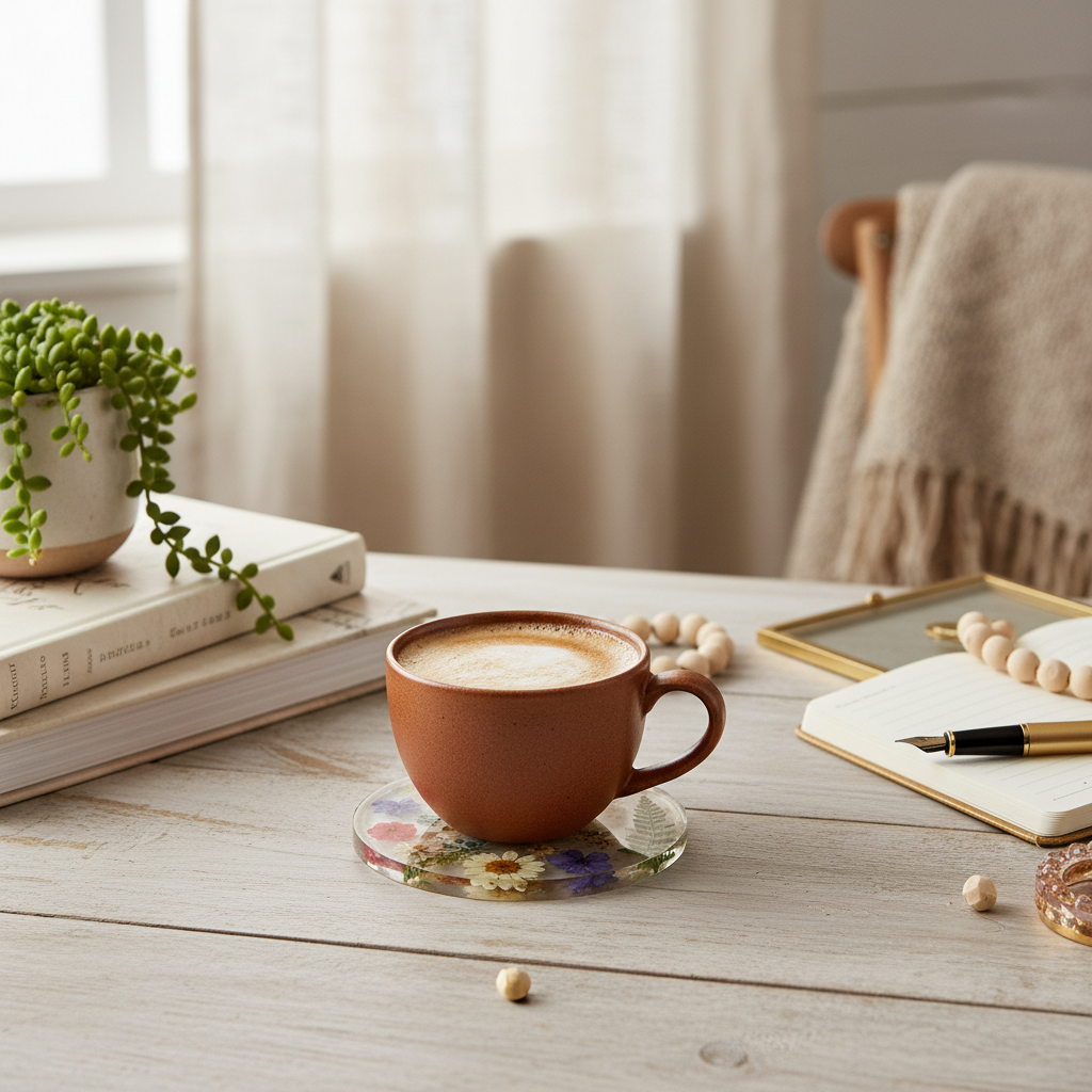 A coffee cup resting on a floral resin coaster on a styled desk