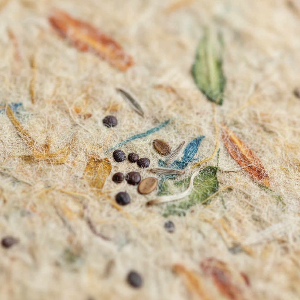 Macro of seed-paper texture showing embedded seeds and flecks of color