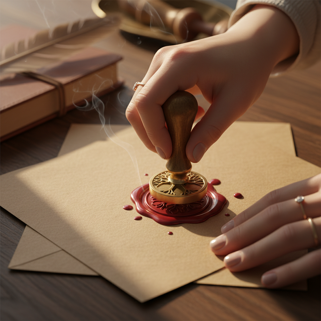 Hands pressing a wax seal onto a kraft envelope
