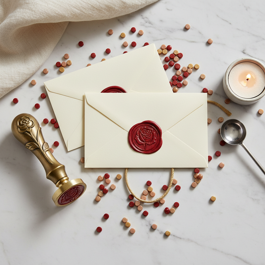 Flat-lay of sealed envelopes, wax beads and brass floral stamp