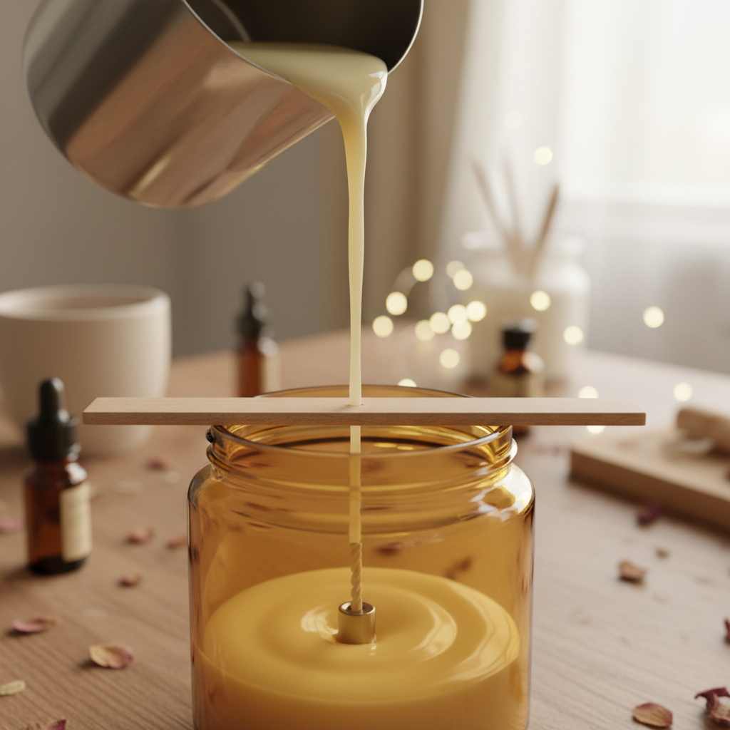 Pouring melted wax into an amber jar with a wick centered