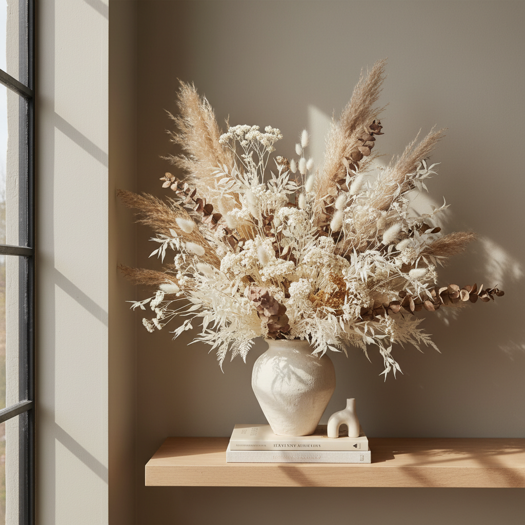 Completed dried bouquet in a ceramic vase on a styled shelf