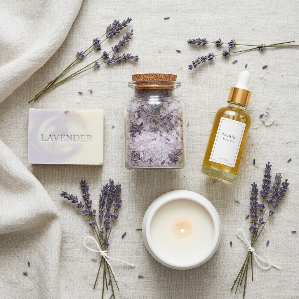 Overhead flat-lay of bath products laid out neatly with lavender sprigs