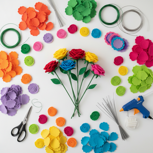 Colorful felt flower petals, wire, and finished felt roses on a white craft desk