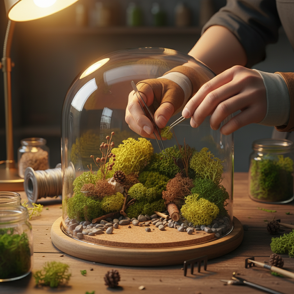 Hands arranging preserved moss inside a glass vessel