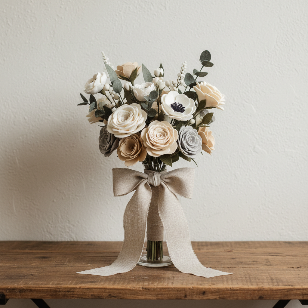 Finished felt bouquet wrapped in ribbon standing in a vase