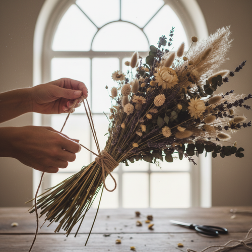 Two hands tying a finished dried bouquet with twine by a window