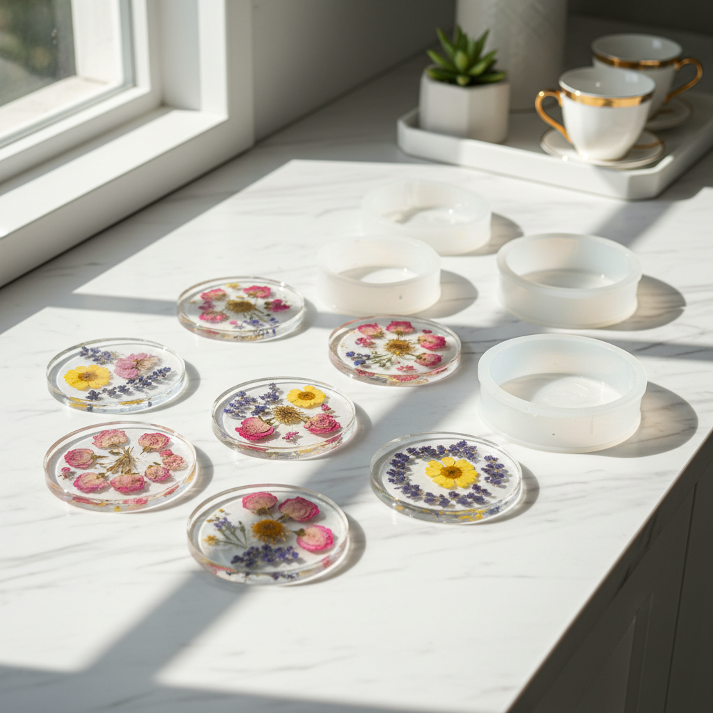 Finished resin coasters with embedded dried flowers on a marble counter beside silicone molds