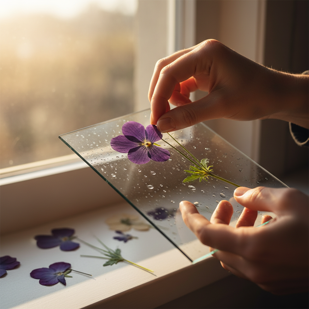 Hands placing a pressed flower onto glass in warm natural light